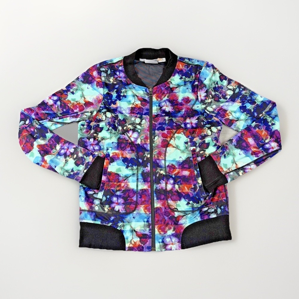 Athleta Bomber Jacket Womens Small Multi Floral‎ Stripe Full Zip Active 439141